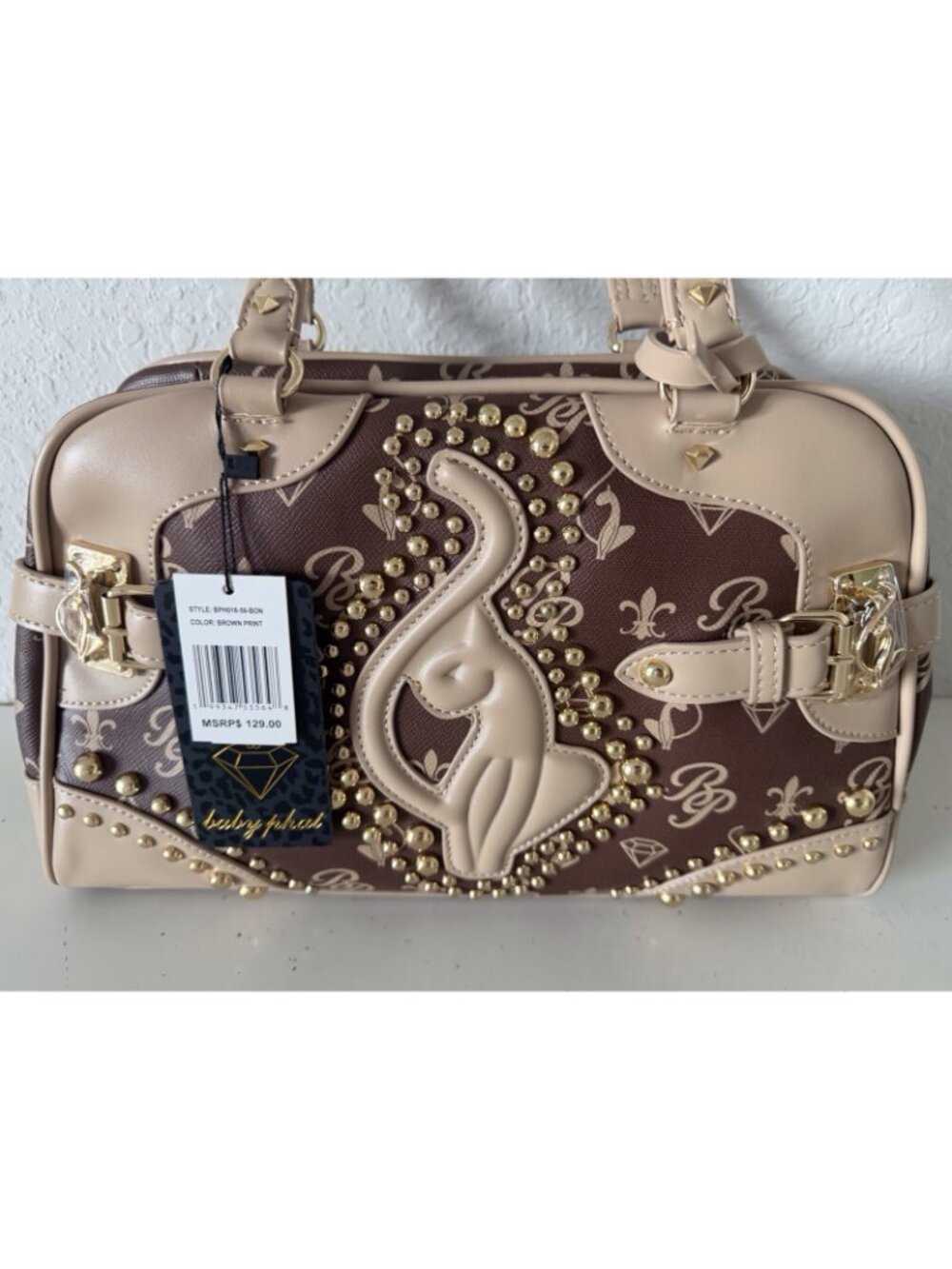 Baby Phat Croc Embossed Studded Cat Satchel Bowler Bag Brown Gold Y2K Viral NEW - Picture 9 of 13